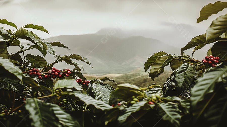 Café grãos vermelhos maduros em planta na montanha nebulosa