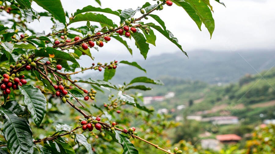 Café grãos vermelhos e verdes em arbusto na plantação montanhosa