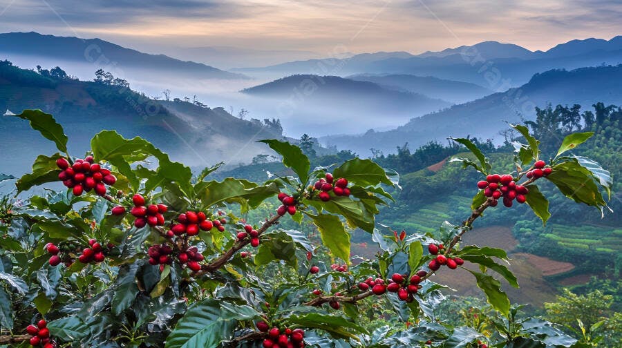 Pés de café com grãos vermelhos maduros em plantação nas montanhas ao nascer do sol