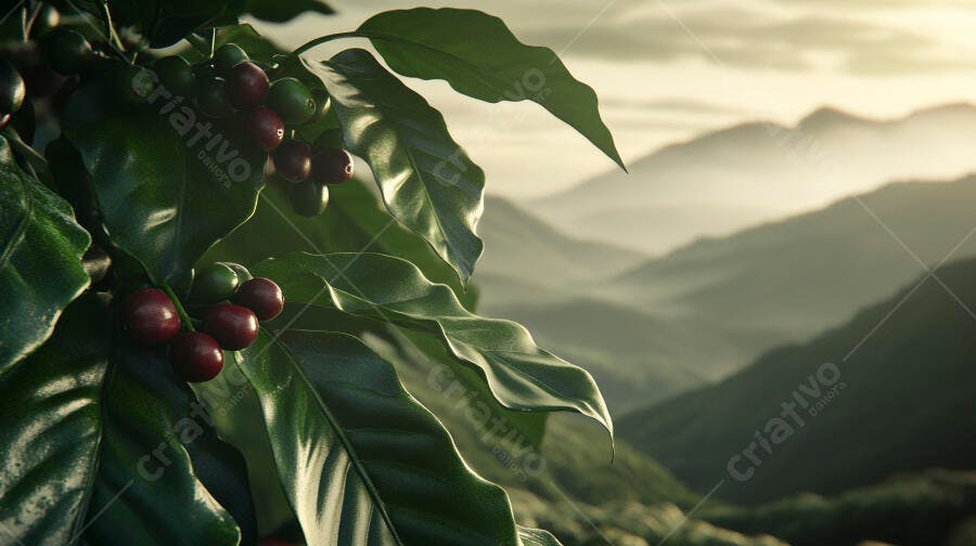 Cafés cereja maduros em ramo verde de cafeeiro com montanhas ao fundo
