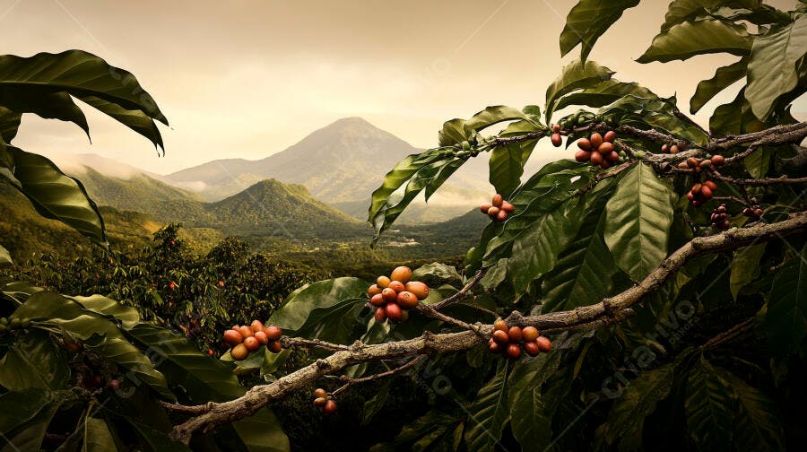 Cafezal com frutos maduros e montanhas verdes ao entardecer