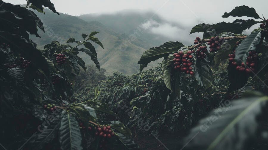 Cafezal com grãos de café vermelhos maduros nas montanhas enevoadas