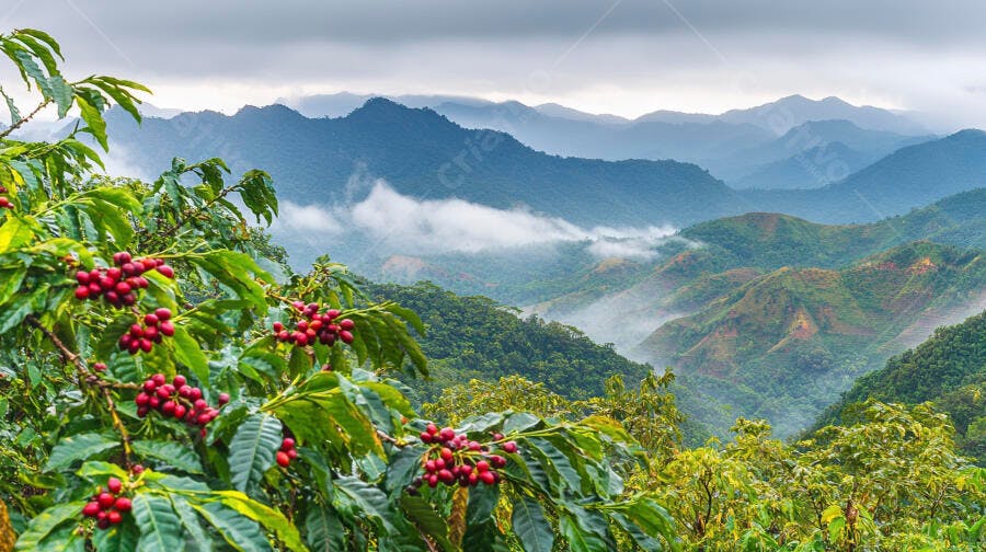 Grãos de café vermelhos em planta verde com montanhas nebulosas ao fundo