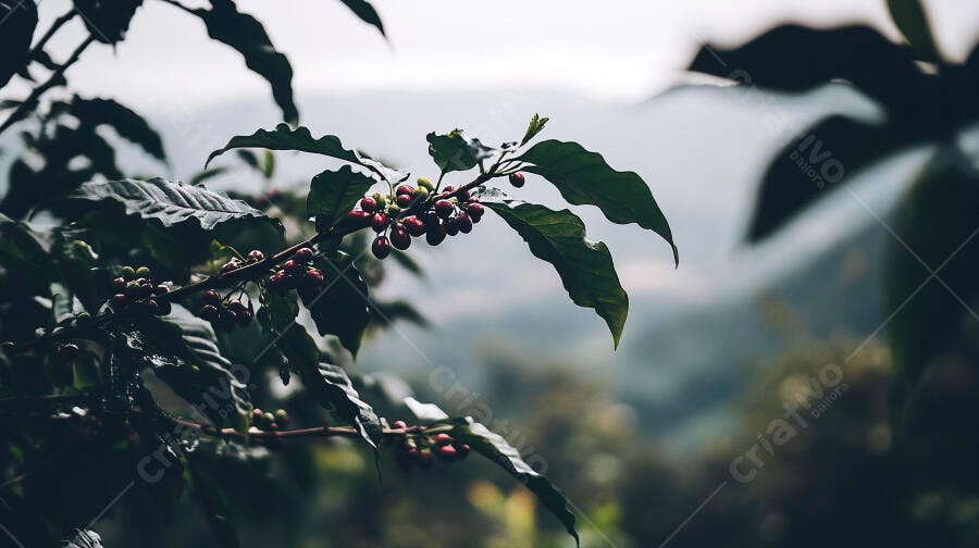 Café grãos vermelhos e verdes em ramo de planta na fazenda