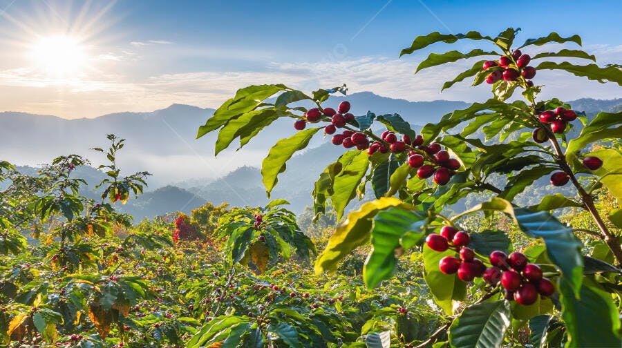 Plantação de café com grãos vermelhos maduros ao amanhecer nas montanhas
