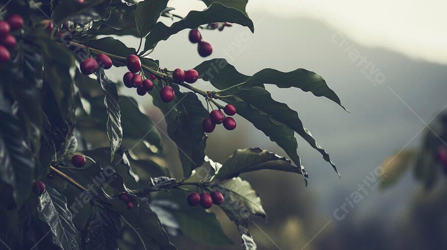 Cerejas de café vermelhas em galho verde exuberante na plantação