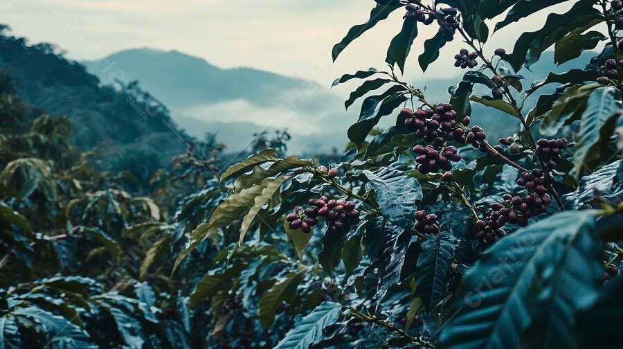 Pés de café verde com frutos vermelhos em plantação montanhosa enevoada