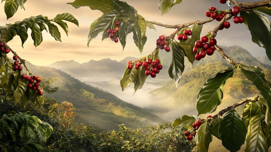 Ramos de café maduro com cerejas vermelhas em plantação de montanha ao amanhecer