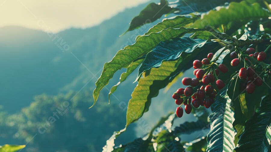Grãos de café vermelhos maduros em planta na montanha ao nascer do sol