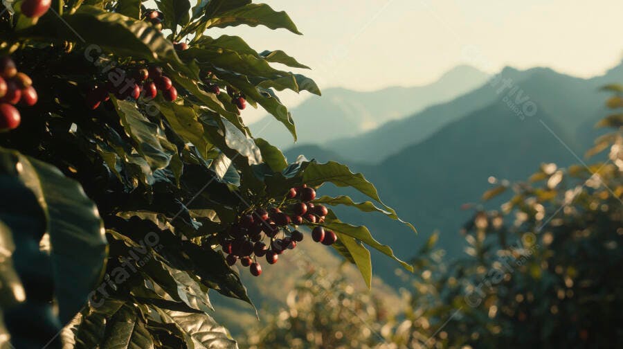 Frutos de café maduros em planta verde com montanhas no horizonte