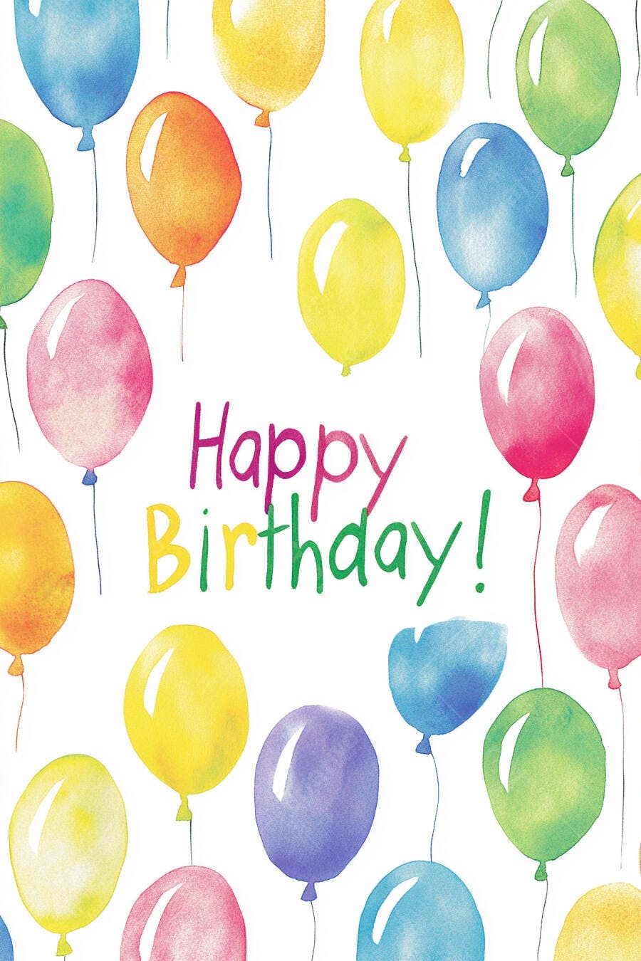 Balões coloridos de aquarela flutuando com texto Happy Birthday celebração