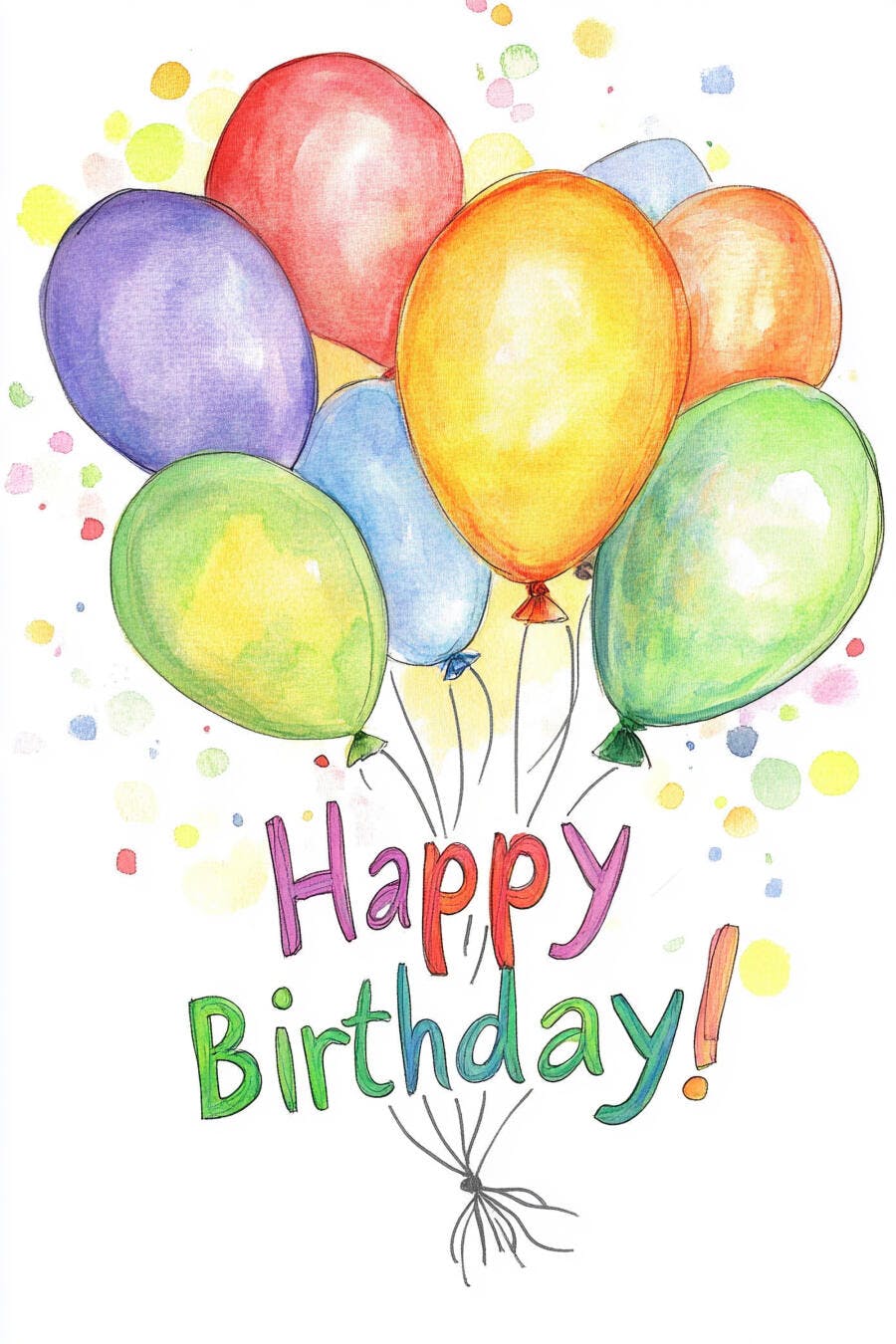 Balões coloridos de festa ilustração aquarela Happy Birthday com confetes alegres
