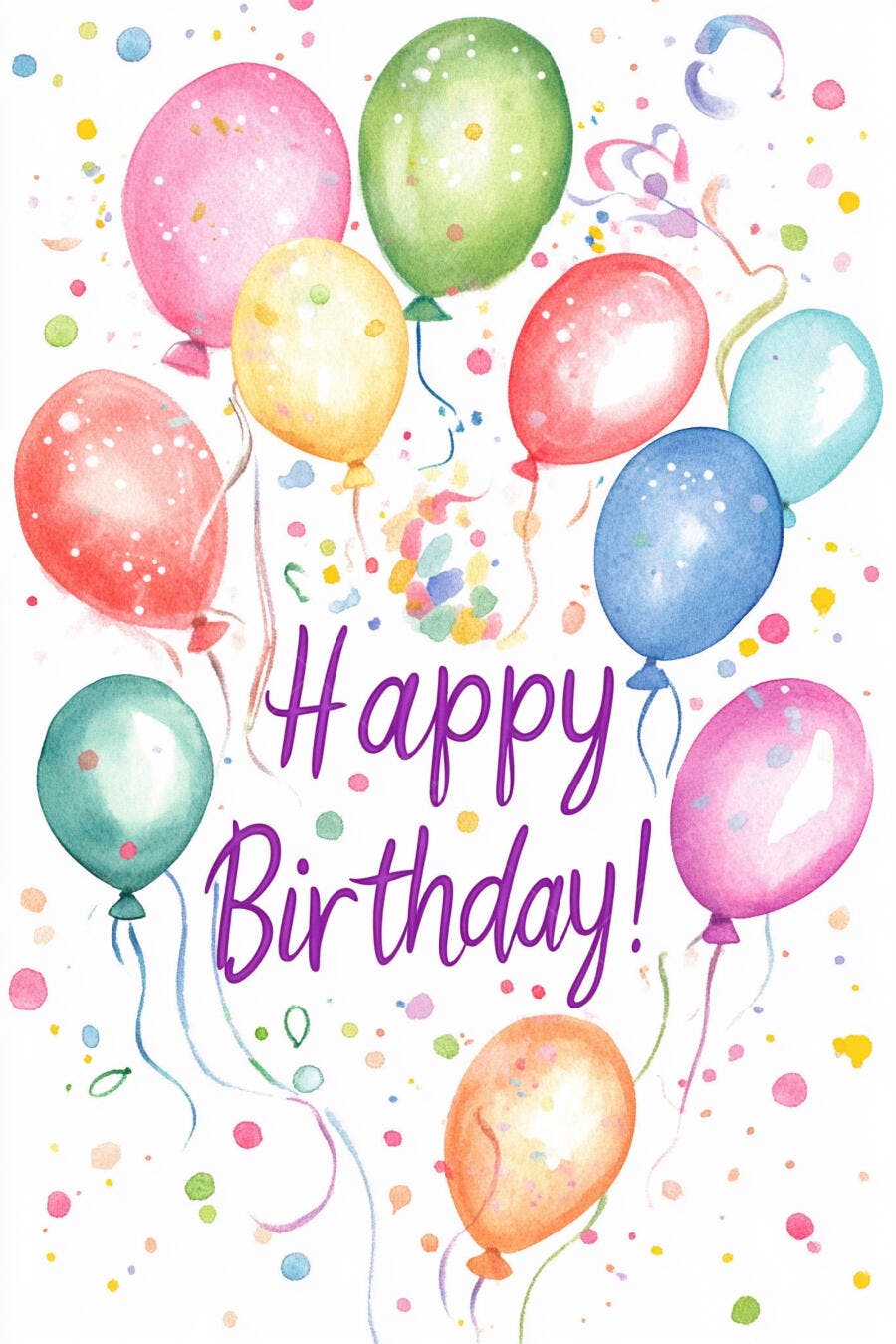 Balões coloridos de aquarela com confete e mensagem de feliz aniversário