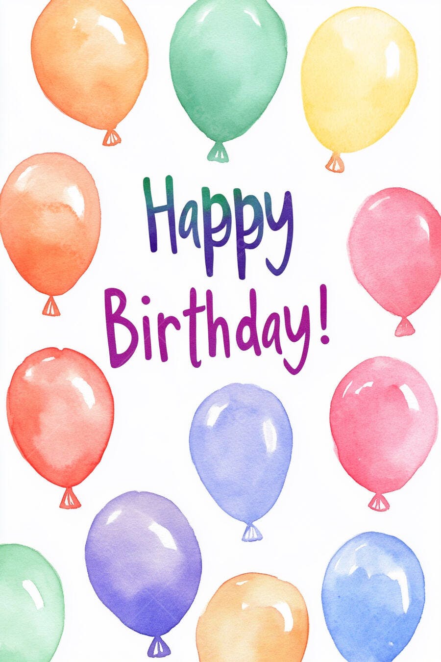 Balões aquarela coloridos flutuando com texto Happy Birthday em fundo branco minimalista