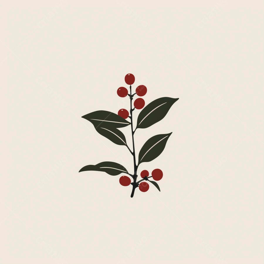 Ramo de planta ilustrado com folhas verdes e frutos vermelhos em fundo claro