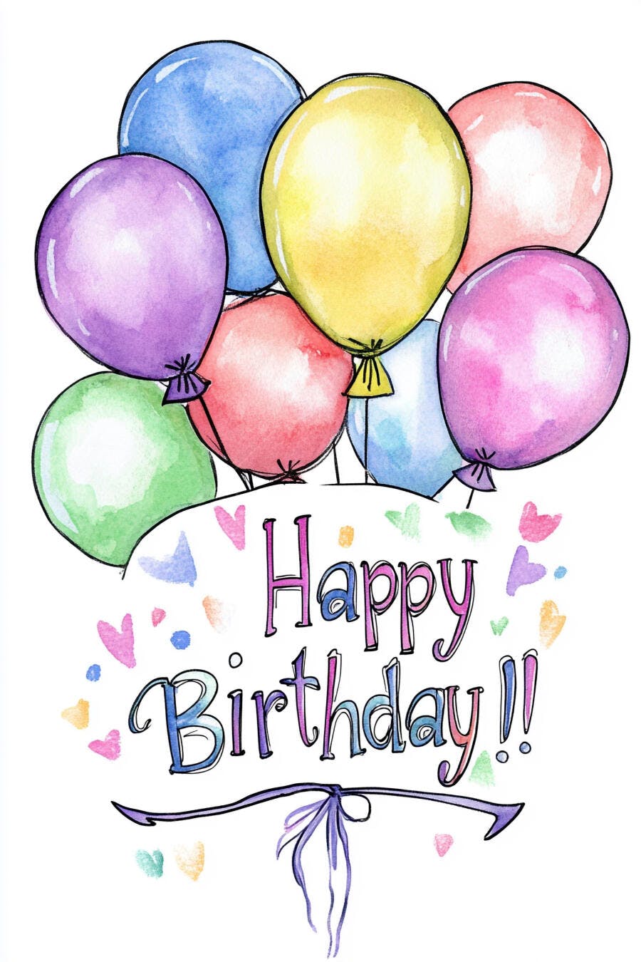 Balões coloridos ilustração de feliz aniversário com aquarela vibrante