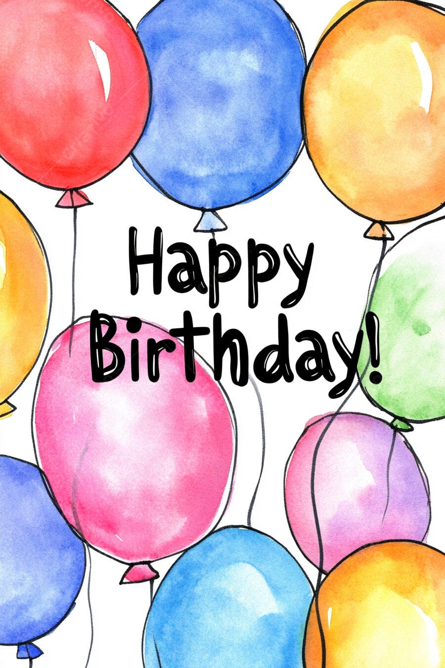 Balões coloridos de aquarela e Happy Birthday em fundo branco