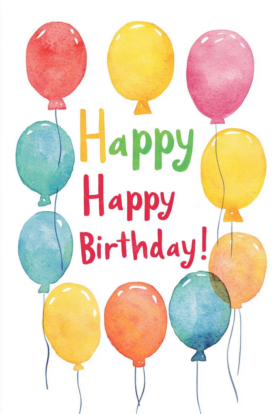 Balões coloridos de aquarela com mensagem Happy Birthday para festa