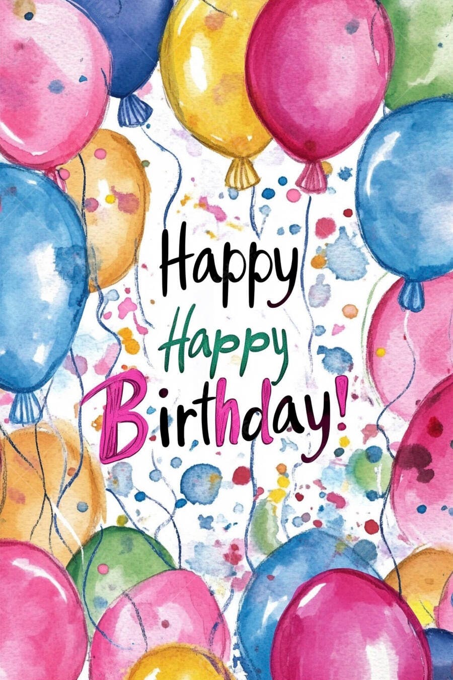 Balões de festa coloridos em aquarela com mensagem de feliz aniversário