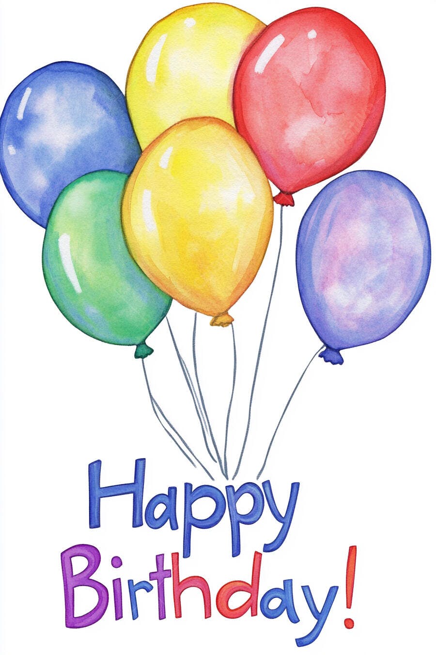 Balões coloridos de aquarela flutuando com texto Feliz Aniversário