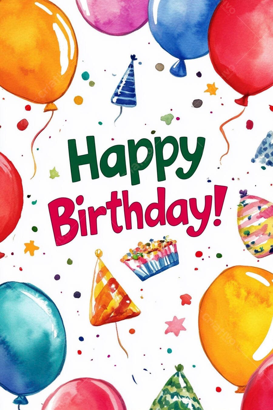 Fundo de festa aquarela com balões coloridos chapéus e texto Happy Birthday