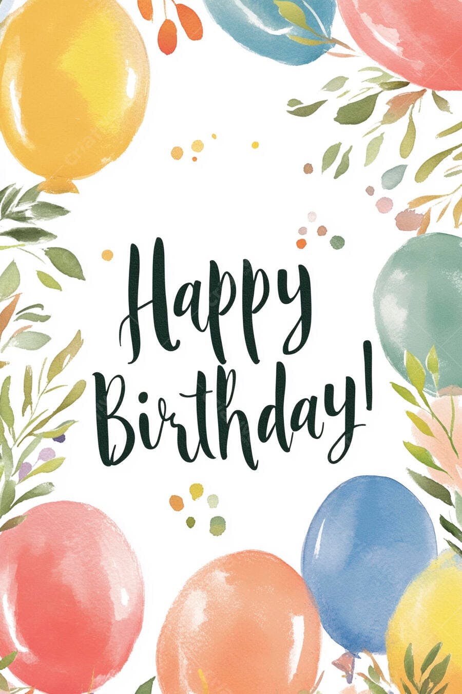 Balões coloridos e folhas aquarela com mensagem Feliz Aniversário