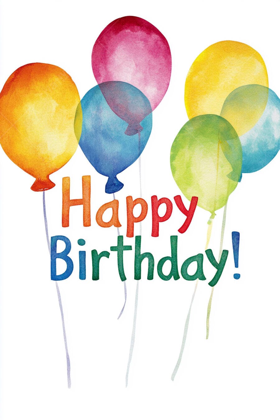 Balões coloridos aquarela e mensagem de Feliz Aniversário em fundo branco