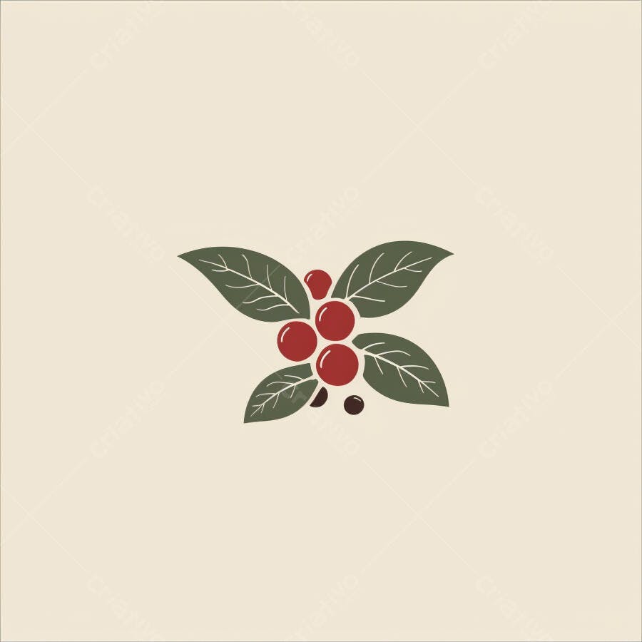 Grãos de café vermelhos e folhas verdes ilustração minimalista