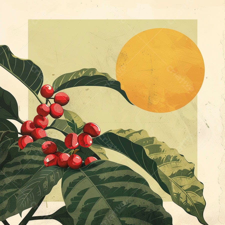 Cafezais com grãos vermelhos e folhas verdes sob sol amarelo ilustrativo