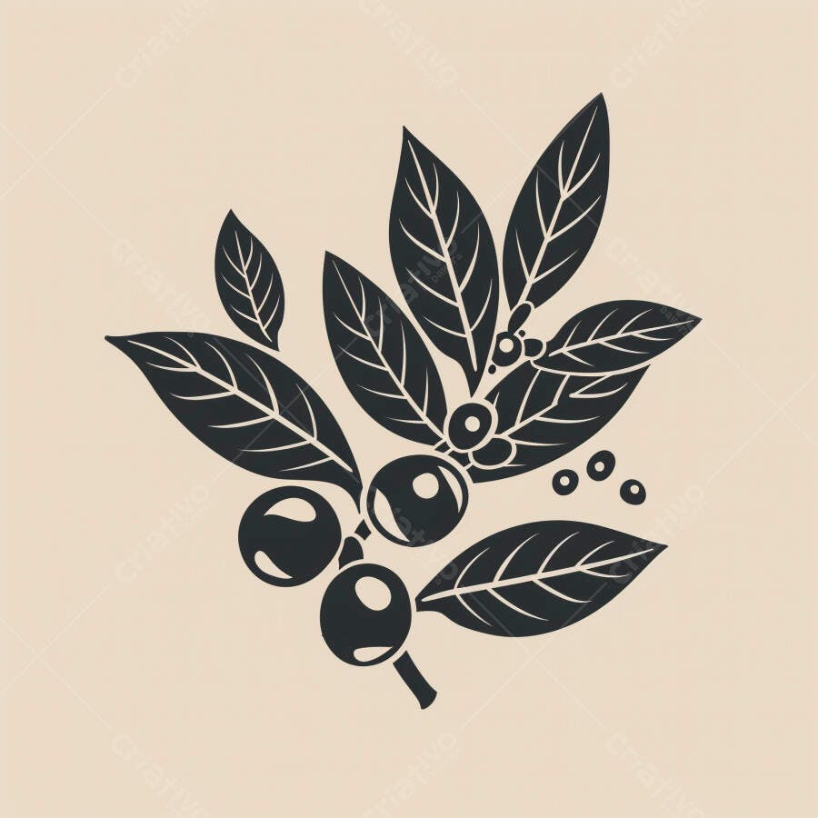 Ramo de café com folhas e grãos ilustração preta minimalista em fundo bege