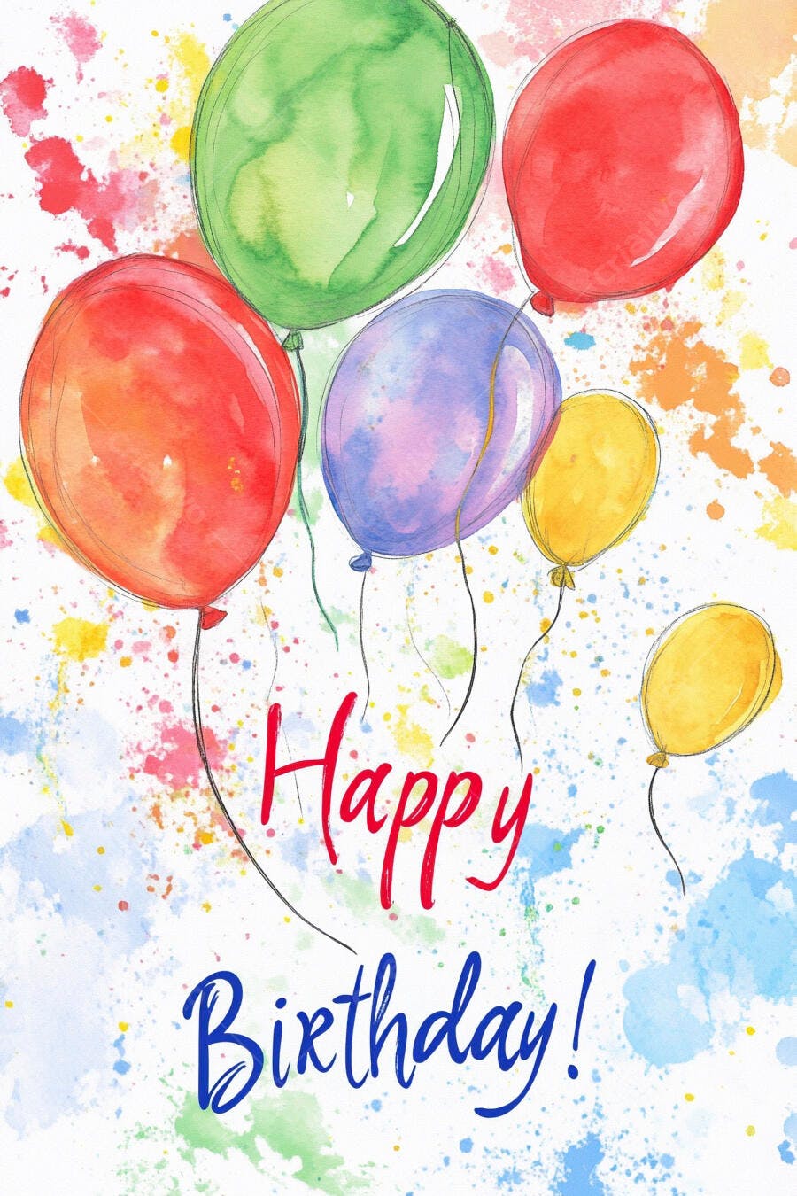 Balões coloridos de aquarela para feliz aniversário com respingos de tinta