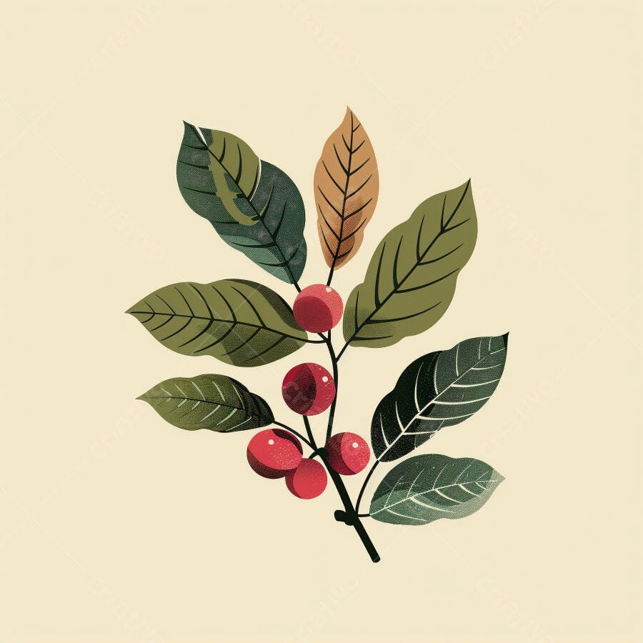 Ramo de café ilustrado com folhas verdes e cerejas vermelhas vibrantes