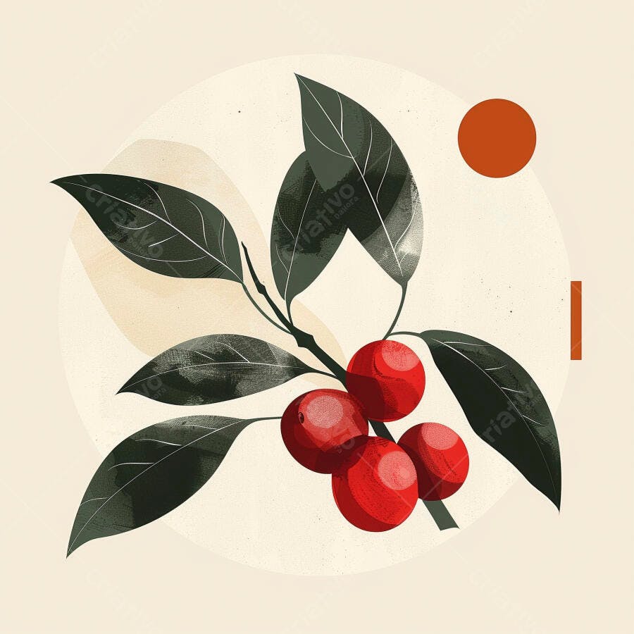 Cerejas de café vermelhas em galho verde fundo bege minimalista