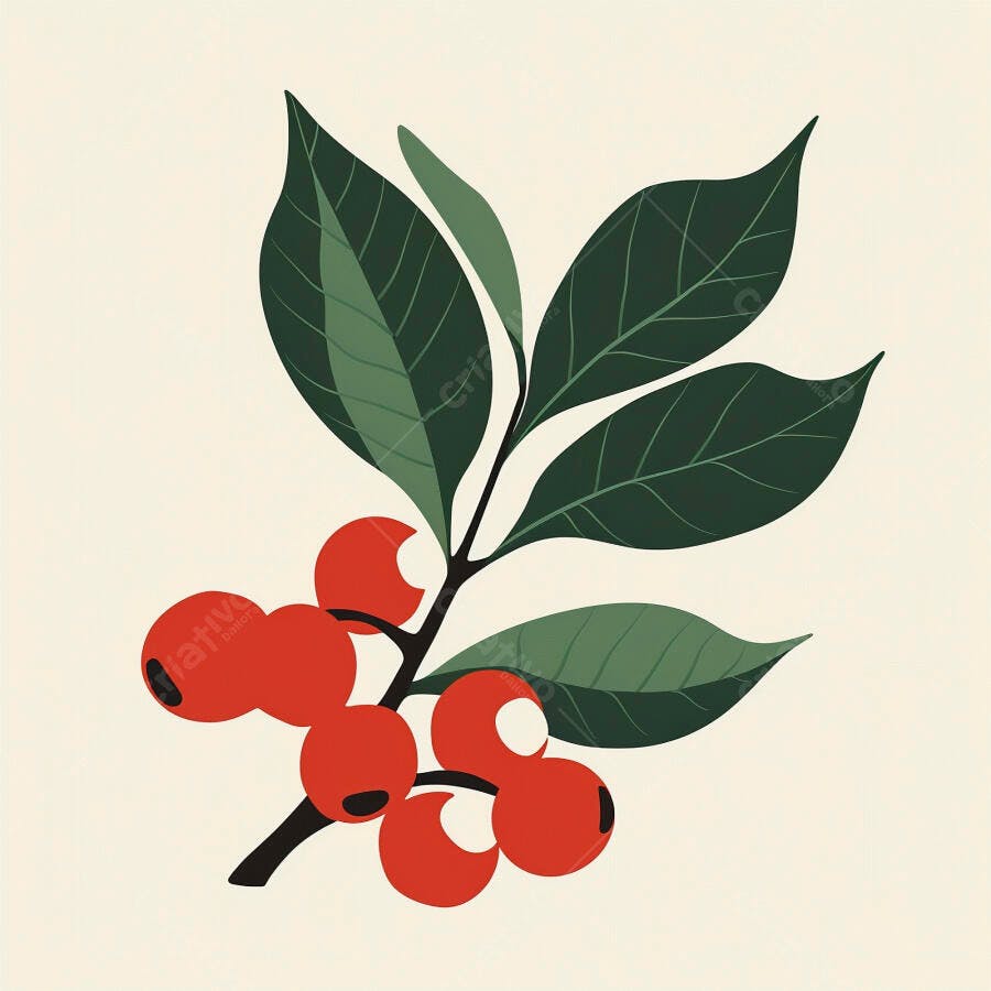 Ramo de café com cerejas vermelhas e folhas verdes ilustração botânica minimalista