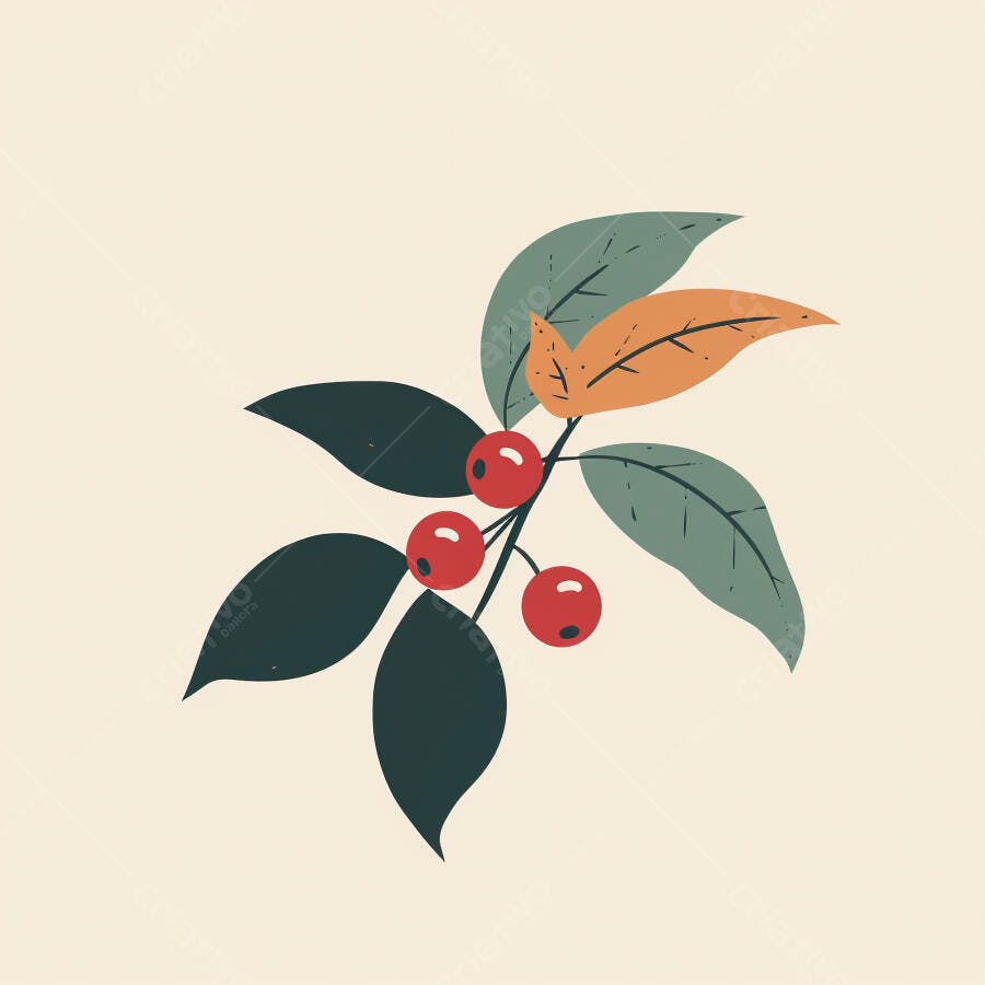 Ramo de café ilustrado com cerejas vermelhas e folhas outonais