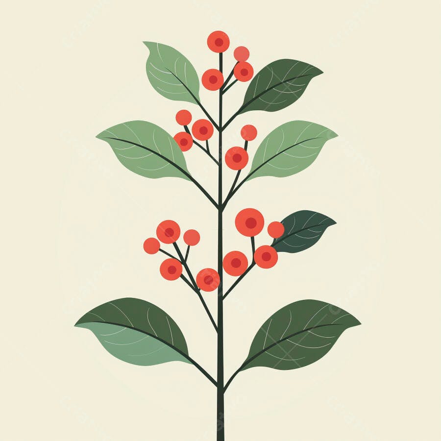 Planta com bagas vermelhas e folhas verdes ilustração minimalista