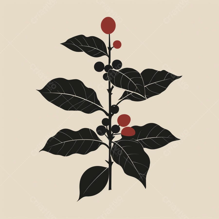 Planta de café ilustrada com folhas pretas e frutos vermelhos em fundo bege