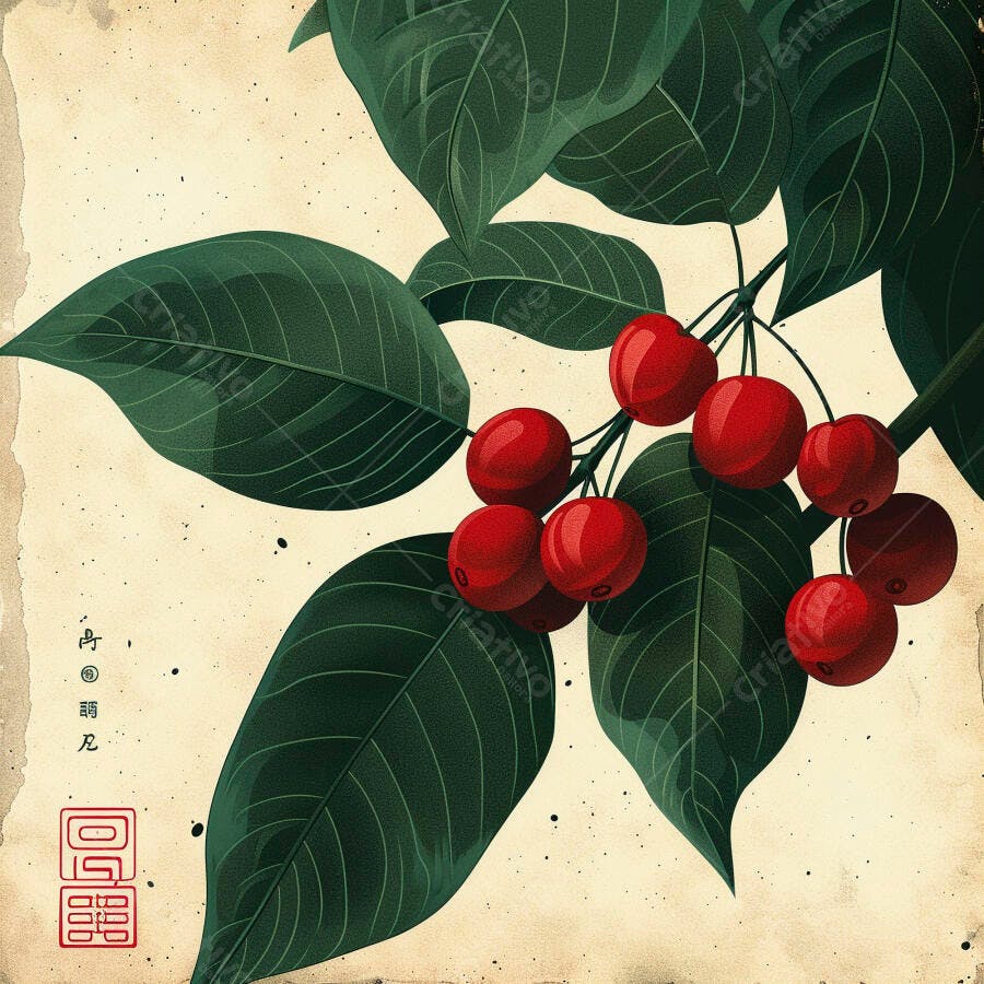 Cerejas vermelhas em ilustração botânica vintage com folhas verdes e caligrafia