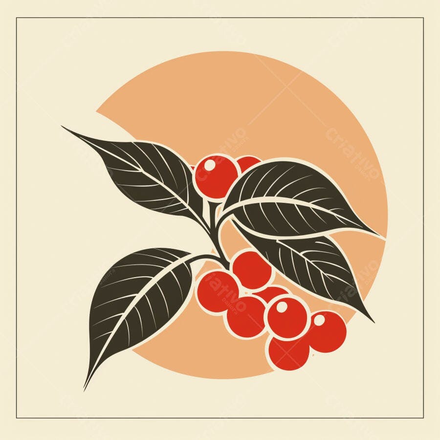 Ramo de café com cerejas vermelhas e folhas escuras ilustração vintage
