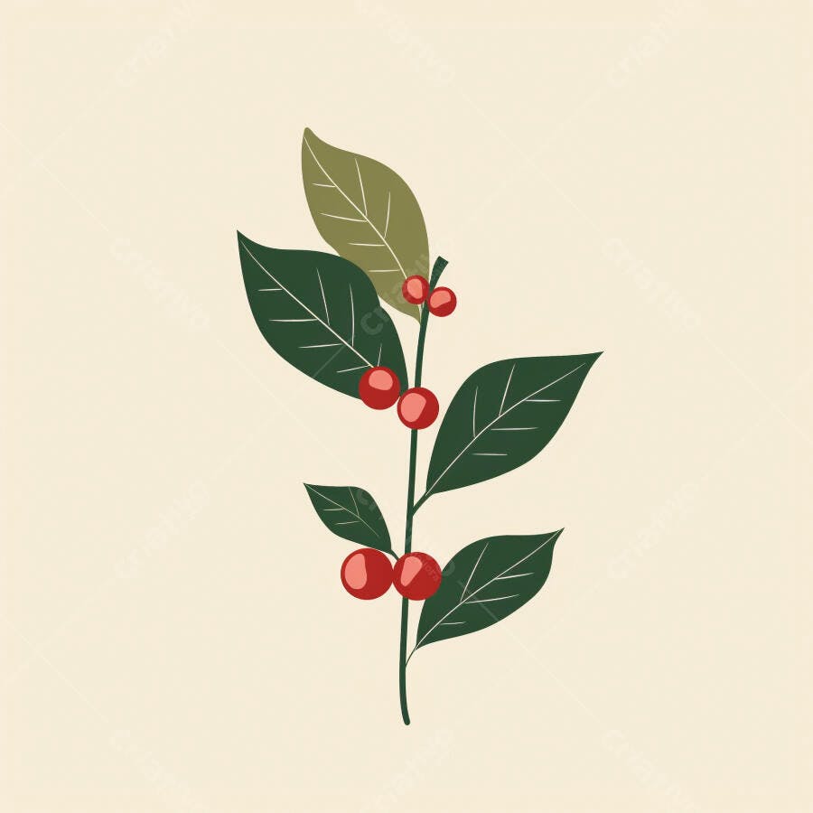 Galho ilustrado com folhas verdes e bagas vermelhas para decoração de inverno e Natal