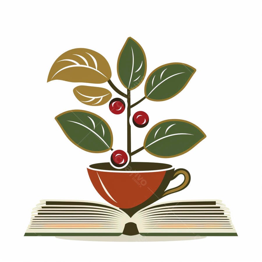 Planta de café com folhas verdes e grãos vermelhos em xícara sobre livro aberto ilustração