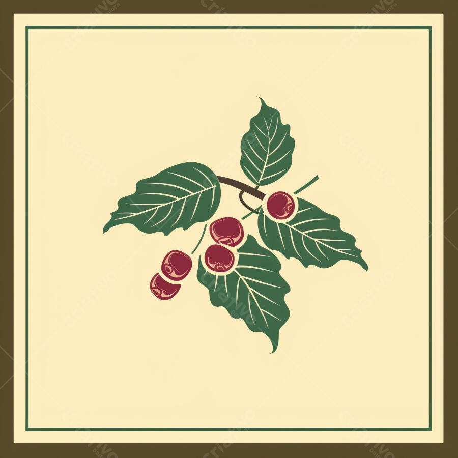 Ramo de café ilustrado com folhas verdes escuras e cerejas vermelhas