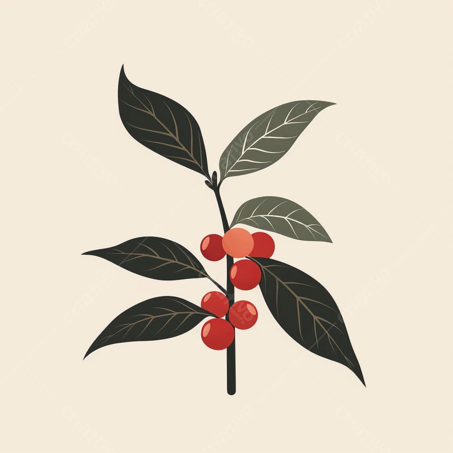Planta de café com folhas escuras e frutos vermelhos em fundo claro ilustração