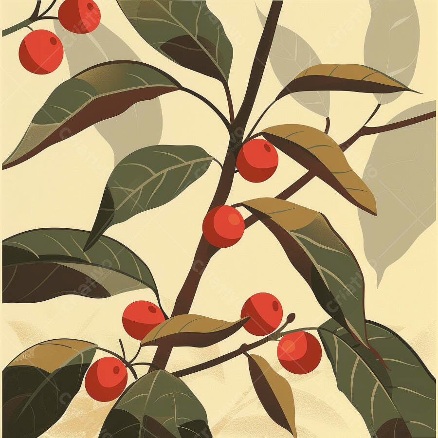 Ilustração de galho com bagas vermelhas vibrantes e folhas verdes escuras
