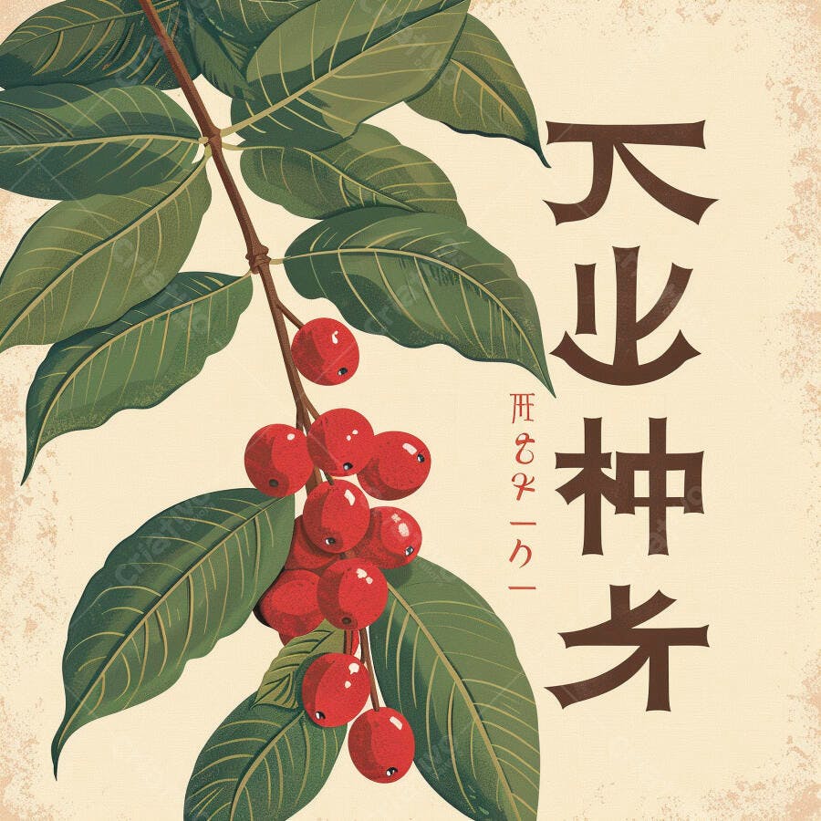 Ramo de cafeeiro folhas verdes e cerejas vermelhas ilustração vintage