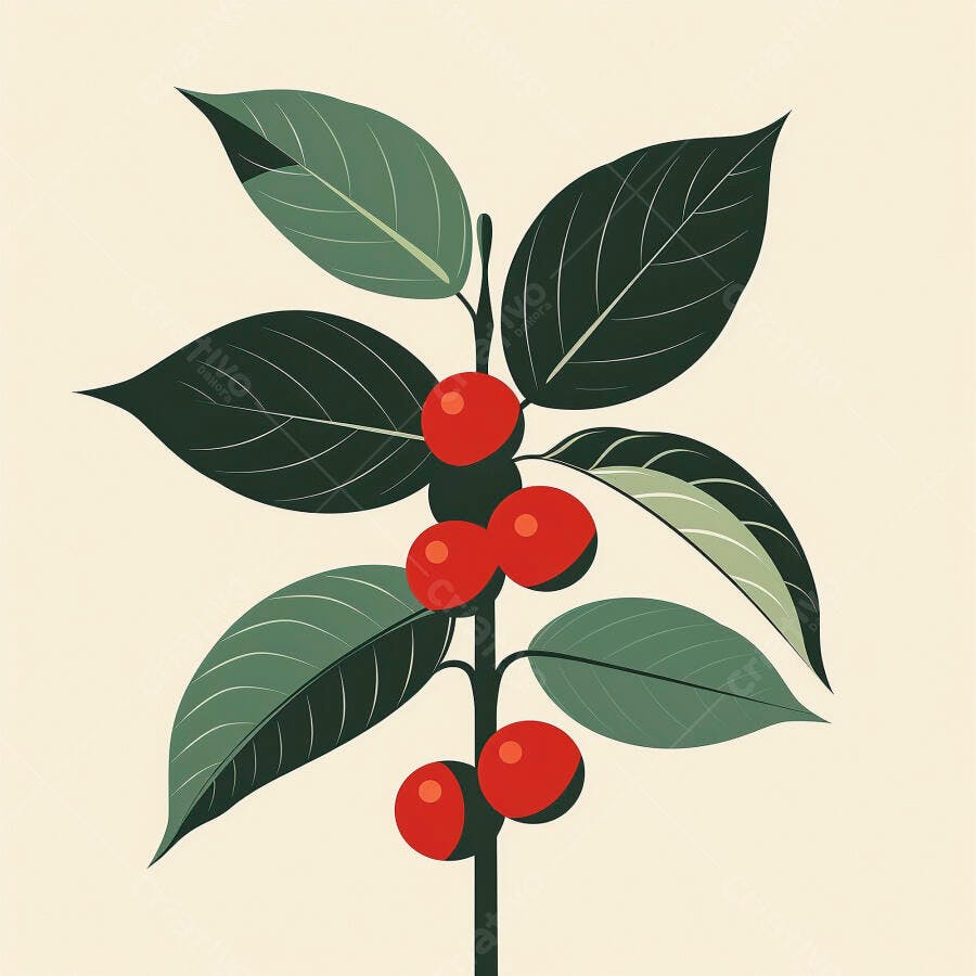 Planta de café com folhas verdes e frutos vermelhos ilustração botânica