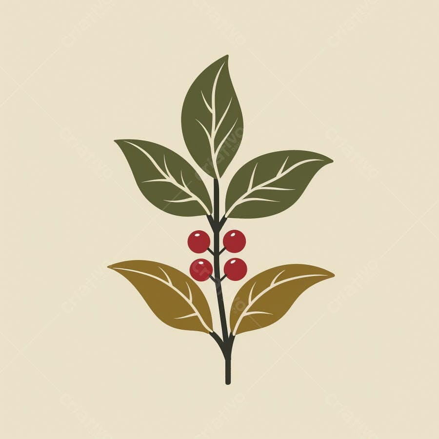 Ramo de planta com folhas verdes e bagas vermelhas em ilustração vetorial