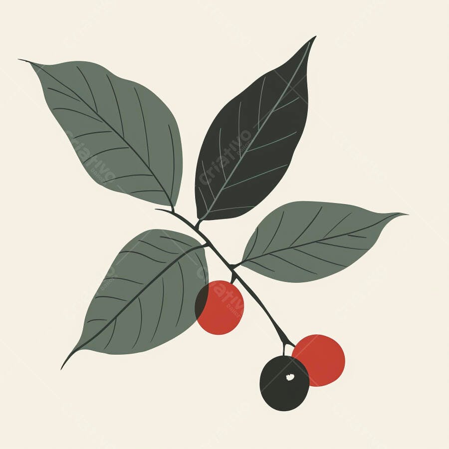 Ramo de planta com folhas verde-acinzentadas e bagas vermelhas e pretas ilustração