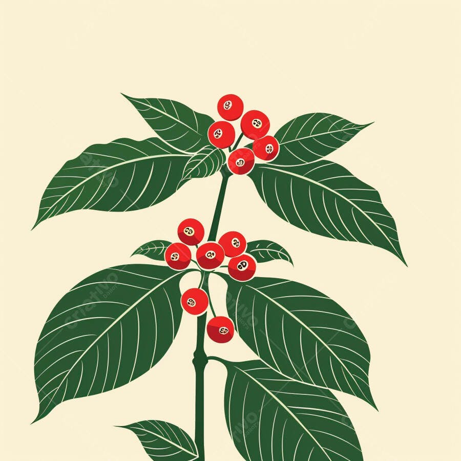 Planta de café com cerejas vermelhas e folhas verdes em fundo claro