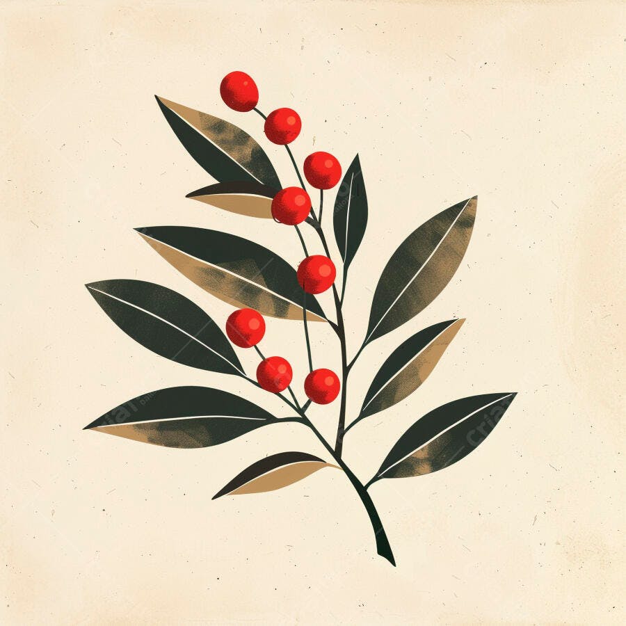 Ramo de azevinho com bagas vermelhas ilustração natalina minimalista